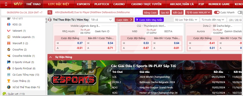 Cac game cuoc tai Saba esports 12Bet